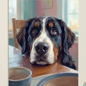 May include: A digital print titled Heirloom Tails Collection featuring a painting of a Bernese Mountain Dog with black, white, and tan fur resting its chin on a wooden table next to a bowl. The text Retro Reverence is in the bottom corner.