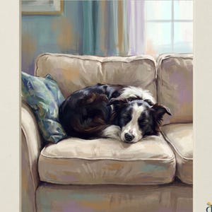 May include: A digital illustration titled HEIRLOOM TAILS COLLECTION showing a black and white dog curled up asleep on a beige sofa with a blue patterned pillow. The artwork features visible brushstrokes and includes the text DIGITAL DOWNLOAD.