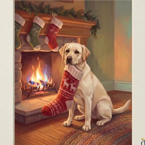 May include: A yellow Labrador Retriever sits in front of a fireplace, holding a red and white knit Christmas stocking in its mouth. Three additional stockings hang from the mantelpiece above. The text reads HEIRLOOM TAILS COLLECTION.