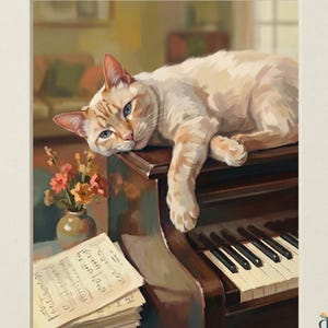 May include: A digital painting of a cream and orange tabby cat resting on a dark brown upright piano. Beside the piano sits a small vase with orange flowers and a stack of sheet music. The text HEIRLOOM TAILS COLLECTION and DIGITAL DOWNLOAD appear.