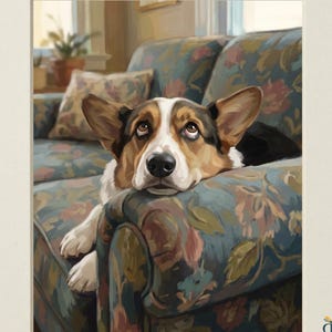 May include: A digital illustration titled Heirloom Tails Collection featuring a tricolor Corgi resting its head on the arm of a floral patterned sofa. The dog has white, brown, and black fur with large ears and expressive eyes. Text reads Digital Download.