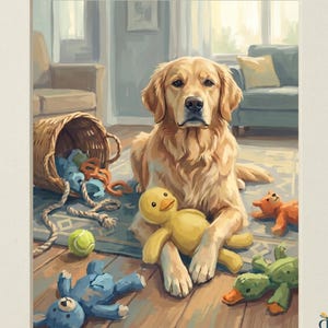 May include: A golden retriever sits on a rug surrounded by toys, including a tipped-over wicker basket, a yellow duck plush, a green tennis ball, a blue bear, and a green duck. Text reads HEIRLOOM TAILS COLLECTION and DIGITAL DOWNLOAD.