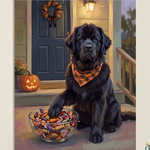 May include: A digital illustration from the Heirloom Tails Collection featuring a black Newfoundland dog wearing an orange and black plaid bandana. The dog sits on a porch next to a glass bowl filled with colorful candy and a jack-o'-lantern.