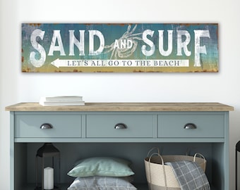 Sand And Surf Canvas Art Print, Rustic Let's All Go To The Beach Sign, Modern Farmhouse Summer Wall Decor, Coastal Vacation Home Artwork