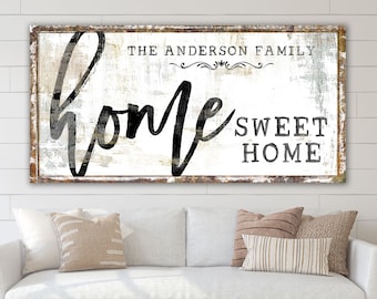 Home Sweet Home Family Name Sign Modern Vintage Decor, Large Rustic Canvas Art Print, Farmhouse Wall Decor Living Room Last Name Sign Canvas