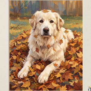 May include: A digital print titled Heirloom Tails Collection featuring a cream-colored dog lying in a pile of orange and brown autumn leaves. The dog has long fur and is looking forward. The text Digital Download is printed at the bottom.