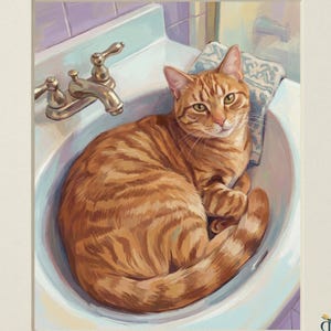 May include: A digital illustration titled HEIRLOOM TAILS COLLECTION featuring an orange tabby cat curled inside a white bathroom sink with a silver faucet. A patterned cloth rests behind the cat. The text DIGITAL DOWNLOAD appears at the bottom.
