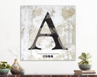 Custom Initial Canvas Print, Minimalist Established Sing, Personalized Vintage Family Name Wall Decor, Old Weathered Home Art Decoration