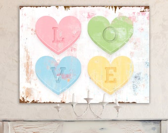 Modern Farmhouse Valentine's Day Decor, Pastel Conversation Hearts Love Sign, French Country Cottage Vintage Love Art Valentines Decorations