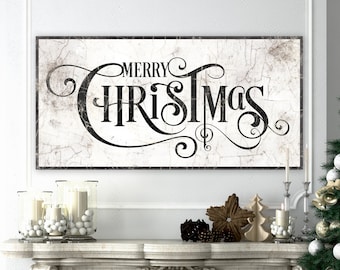 Modern Farmhouse Merry Christmas Sign, French Country Christmas Wall Decor Black & White Neutral Holiday Canvas, Cottage Rustic Chic Artwork