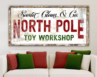 Primitive Rustic Santa Claus North Pole Workshop Cozy Nostalgic Country Holiday Wall Art, Vintage Christmas Sign Modern Farmhouse Wall Decor