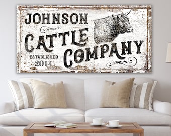 Modern Farmhouse Wall Decor Cattle Company Last Name Family Sign, Vintage Rustic Wall Decor Primitive Country Living Room Wall Art Cow Print