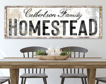 Modern Farmhouse Wall Decor Custom Homestead Family Sign, Primitive Vintage Decor Rustic Large Canvas Art Print, Living Room Last Name Sign