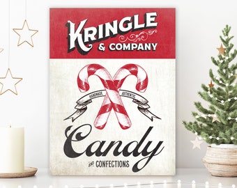 Kringle Candy Cane Winter Farmhouse Artwork, Vintage Red & White Classic Festive Wall Decoration, Rustic Holiday Christmas Canvas Print