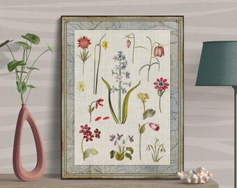 Colorful Floral Collage Vintage Botanical Illustration Art: Vibrant Flower Art Nature Home Decor, Artistic Stylish Eco-Friendly Gift for Her