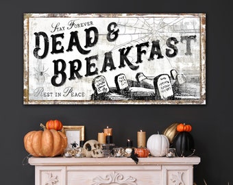 Spooky Halloween Wall Decor Dead and Breakfast Sign, Creepy Wicked Rustic Fall Sign Vintage Farmhouse Wall Decor Canvas, Autumn Decoration