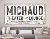 Modern Farmhouse Wall Decor Family Theater Lounge Sign, Personalized Last Name Sign Living Room, Vintage Industrial Wall Art Game Movie Room