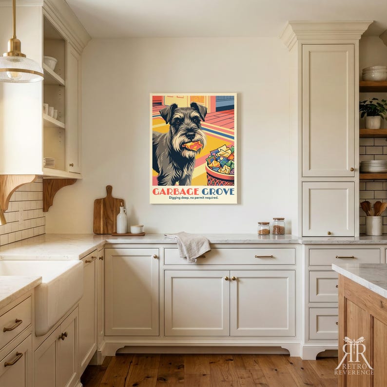 May include: A rectangular wall art print featuring a stylized illustration of a grey Schnauzer dog holding a piece of food in its mouth. The text GARBAGE GROVE and Digging deep, no permit required. is printed in red and blue on a cream background.