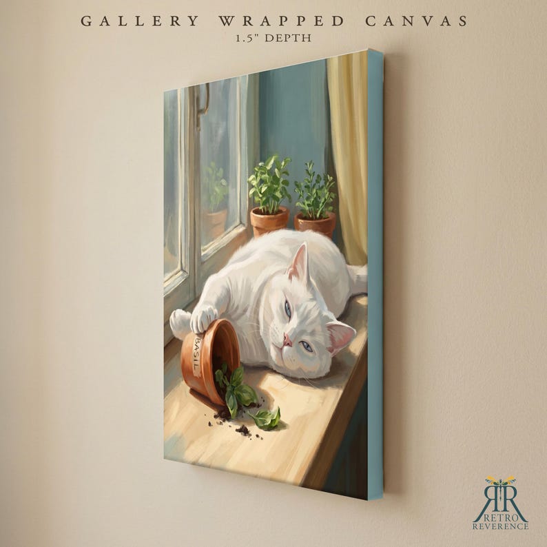 May include: A gallery wrapped canvas with a 1.5 inch depth featuring a painting of a white cat lying on a windowsill next to two potted plants and a tipped over terracotta pot labeled Basil with green leaves spilled on the surface.