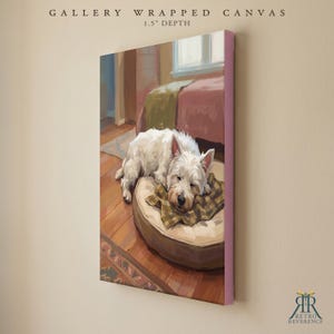 May include: A gallery wrapped canvas with a 1.5 inch depth featuring a painting of a white West Highland White Terrier sleeping on a round tan dog bed with a brown plaid blanket. The scene depicts a room with wooden floors and a pinkish wall.