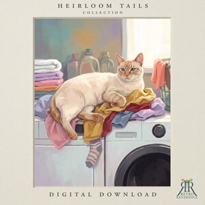 May include: A digital illustration titled HEIRLOOM TAILS COLLECTION showing a light-colored cat with blue eyes resting on a pile of colorful laundry atop a white washing machine. Laundry detergent bottles and a basket are visible in the background.
