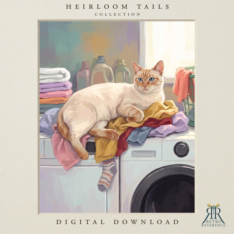 May include: A digital illustration titled HEIRLOOM TAILS COLLECTION showing a light-colored cat with blue eyes resting on a pile of colorful laundry atop a white washing machine. Laundry detergent bottles and a basket are visible in the background.