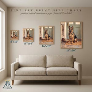 May include: A fine art print size chart featuring four framed images of a German Shepherd dog sitting on a mat. The sizes listed are 8x10 inches, 11x14 inches, 16x20 inches, and 24x30 inches. The text reads FINE ART PRINT SIZE CHART.