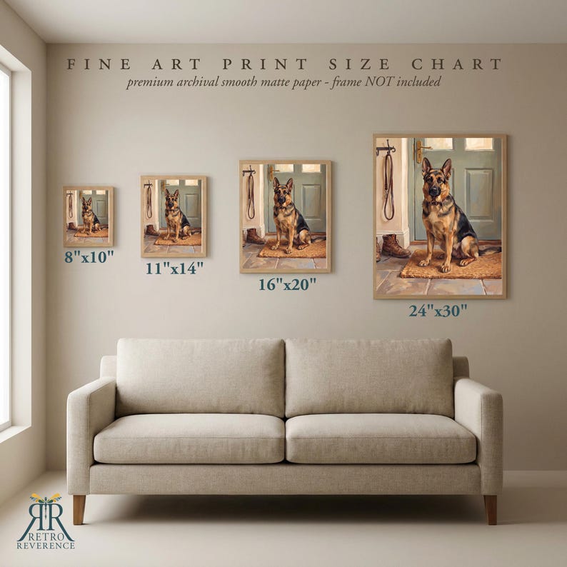 May include: A fine art print size chart featuring four framed images of a German Shepherd dog sitting on a mat. The sizes listed are 8x10 inches, 11x14 inches, 16x20 inches, and 24x30 inches. The text reads FINE ART PRINT SIZE CHART.