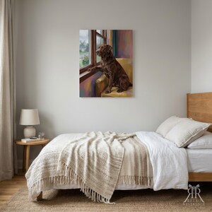 May include: A rectangular wall art print featuring a chocolate Labrador retriever sitting on a yellow armchair, looking out of a window. The dog is brown with a smooth coat, positioned in profile. The background shows a soft, painterly interior scene.