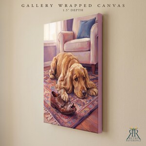 May include: A gallery wrapped canvas with a 1.5 inch depth featuring a painting of a golden-colored dog lying on a patterned rug next to a worn brown leather shoe. In the background, a light-colored armchair with a blue pillow is visible.