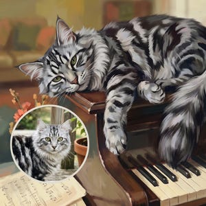 Piano Wall Art Canvas, Piano Cat Art Print, Personalized Cat Portrait from Photo, Music Room Decor, Whimsical Cat Art