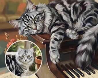 Piano Wall Art Canvas, Piano Cat Art Print, Personalized Cat Portrait from Photo, Music Room Decor, Classical Artwork, Floral Wall Art