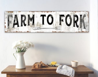 Modern Farmhouse Wall Decor Farm to Fork Kitchen Sign Vintage Dining Room Canvas Art Print Rustic Chic Country Farm Sign Black White Hanging