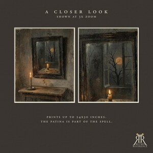 May include: A wall art print featuring a dark, weathered wooden frame containing a mirror that reflects a lit candle on a table and a window view of a bare tree under a full moon. Text reads: A CLOSER LOOK SHOWN AT 3X ZOOM, PRINTS UP TO 24X30 INCHES.