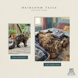 May include: A digital art display titled Heirloom Tails Collection featuring two images. The left image, The Snapshot, shows a brown tabby cat on a wooden deck. The right image, The Heirloom, depicts a cat lying inside an open suitcase with folded clothes.