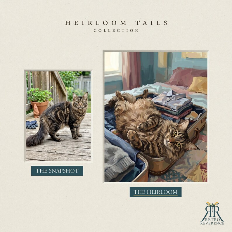 May include: A digital art display titled Heirloom Tails Collection featuring two images. The left image, The Snapshot, shows a brown tabby cat on a wooden deck. The right image, The Heirloom, depicts a cat lying inside an open suitcase with folded clothes.