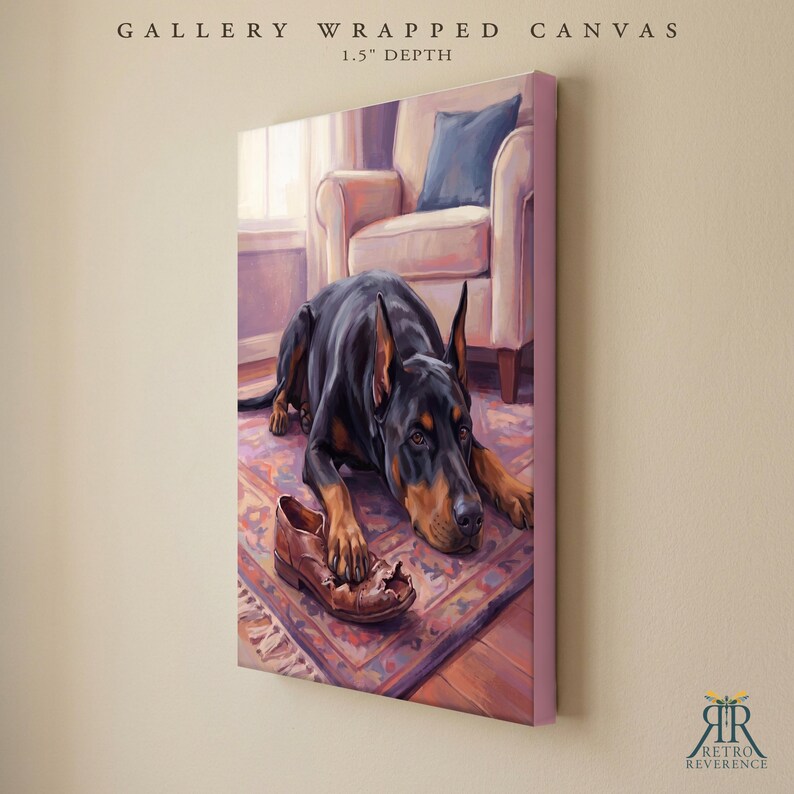 May include: A gallery wrapped canvas with a 1.5 inch depth featuring a painting of a black and tan Doberman dog lying on a patterned rug. The dog has one paw resting on a worn brown leather shoe. In the background, a light-colored armchair sits.