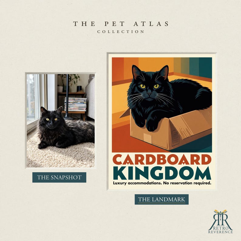 May include: A print titled The Pet Atlas Collection featuring a black cat in a photograph labeled The Snapshot and an illustrated black cat sitting in a cardboard box labeled The Landmark with the text Cardboard Kingdom Luxury accommodations. No reservation required.
