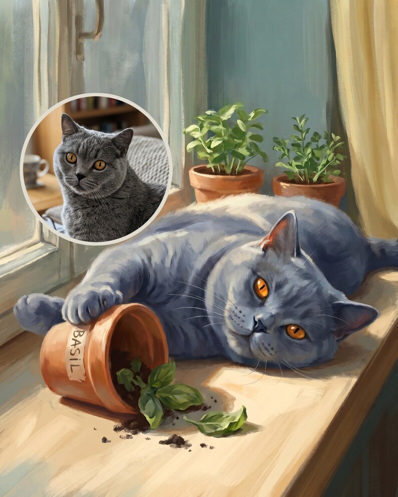 Smug Custom Cat Portrait from Your Photo, Painterly Windowsill Canvas Print, Cat Canvas Wall Art, Cat in Window Art