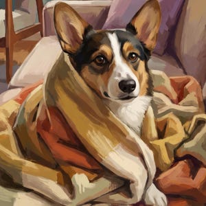 Custom Dog Portrait from Photo, Dog Wrapped in a Blanket, Mid Century Dog Art, Pet Illustration, Cozy Wall Art, Printable Wall Art image 2