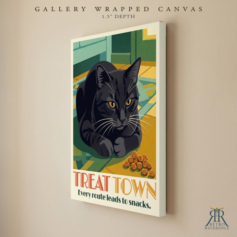 May include: A gallery wrapped canvas with a 1.5 inch depth featuring a black cat illustration on a geometric floor. The text reads TREAT TOWN Every route leads to snacks. The artwork includes a pile of brown circular treats in the foreground.