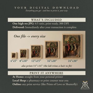 May include: A digital download listing showing five framed prints of a fireplace with Christmas stockings in sizes 4x5, 8x10, 12x15, 16x20, and 24x30 inches. The text includes 'YOUR DIGITAL DOWNLOAD', 'WHAT'S INCLUDED', 'One file -> every size', and 'PRINT IT ANYWHERE'.