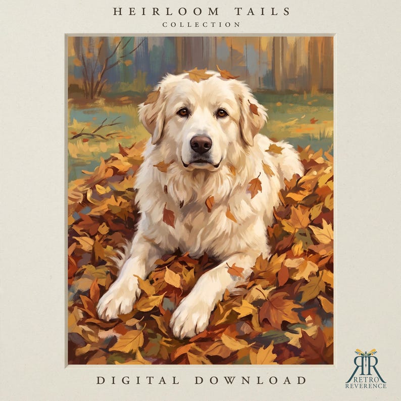 May include: A digital print titled Heirloom Tails Collection featuring a cream-colored dog lying in a pile of orange and brown autumn leaves. The dog has long fur and is looking forward. The text Digital Download is printed at the bottom.