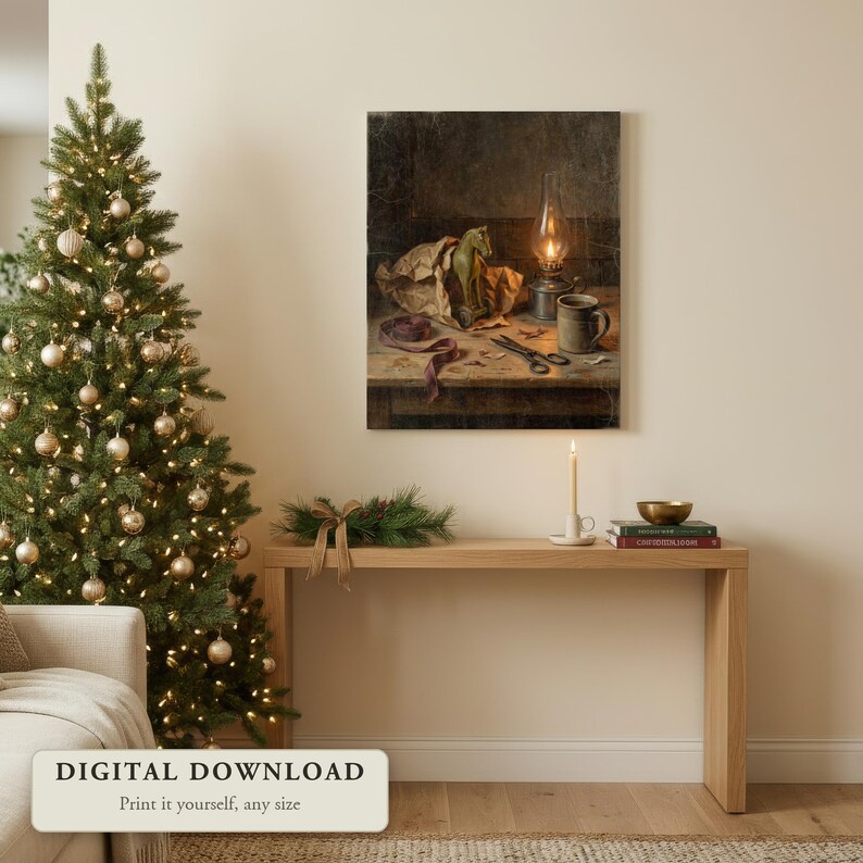 Vintage style Christmas art of a wooden toy horse by an oil lamp, hung on a wall in a living room decorated for Christmas, shown as a digital file you print yourself