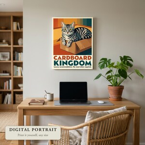 Custom cat portrait in a retro travel poster style, a cat in a cardboard box, hung on a wall in a home office, shown as a digital file you print yourself