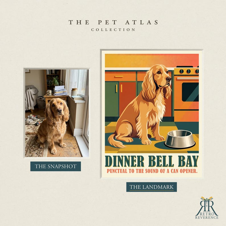 May include: A side-by-side comparison featuring a photograph of a golden-brown spaniel and a stylized graphic illustration of the same dog in a kitchen setting. The illustration includes the text THE PET ATLAS COLLECTION, DINNER BELL BAY, and PUNCTUAL TO THE SOUND OF A CAN OPENER, with a logo for RETRO REVERENCE at the bottom.
