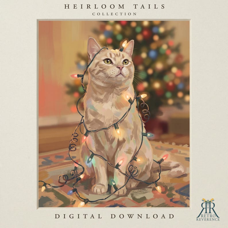 May include: A digital illustration titled Heirloom Tails Collection featuring a light orange tabby cat sitting upright, wrapped in a string of multicolored Christmas lights. The cat has green eyes and is positioned in front of a blurred holiday tree.