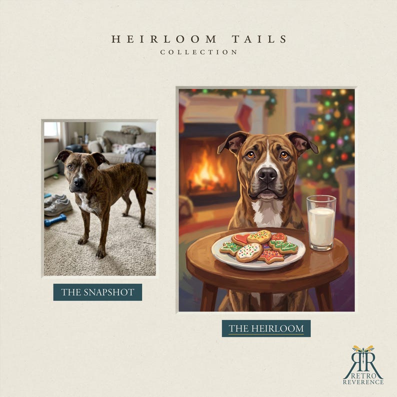 K&ouml;nnte beinhalten: Ein direkter Vergleich mit einem gestromten Hund im Wohnzimmer, beschriftet als THE SNAPSHOT, und einer illustrierten Version, beschriftet als THE HEIRLOOM, die denselben Hund an einem Tisch mit Keksen und einem Glas Milch zeigt.