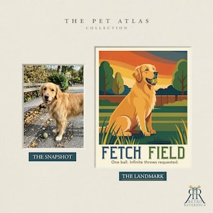 K&ouml;nnte beinhalten: Ein Druck mit dem Titel The Pet Atlas Collection, der einen Golden Retriever in einem Park zeigt. Die linke Seite zeigt ein Foto mit der Beschriftung The Snapshot, w&auml;hrend die rechte Seite eine grafische Illustration mit der Beschriftung The Landmark, Fetch Field, One ball. Infinite throws requested.