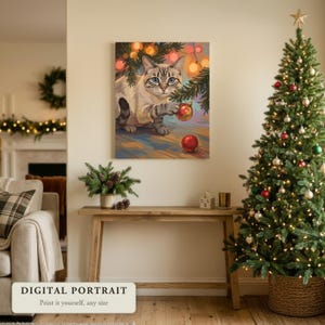 Custom cat portrait of a cat batting a Christmas ornament, hung on a wall in a living room decorated for Christmas, shown as a digital file you print yourself